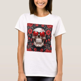 Rode Bloemen 3D Dode Schedel met zonnebril T-shirt