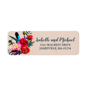 Rode Bloemen & Blauwe Veren Retouradreslabels Etiket