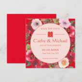 Rode bloemen Chinese bruiloft Save The Date (Voorkant / Achterkant)