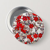 Rode bloemen en zilvergrijze bladeren ronde button 7,6 cm (Voorkant /achterkant)