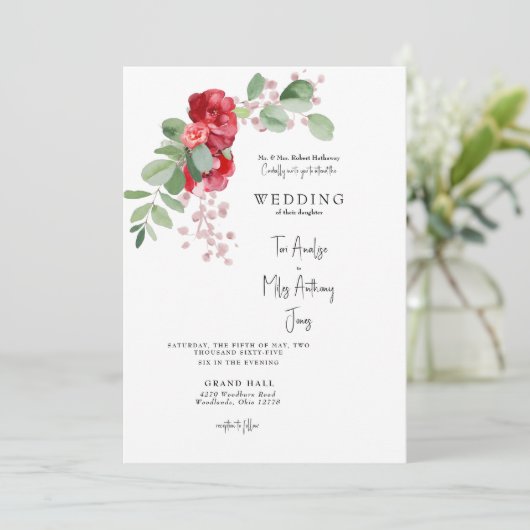 Rode Bloemen Eucalyptus bruid ouders bruiloft Kaart (Staand voorkant)