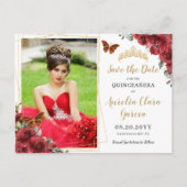 Rode Bloemen Goud Geometrische Quinceañera foto Aankondigingskaart (Voorkant)