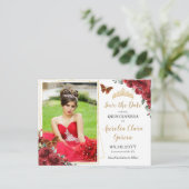 Rode Bloemen Goud Geometrische Quinceañera foto Aankondigingskaart (Staand voorkant)
