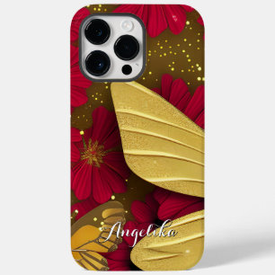 Rode Bloemen Gouden Glitters Gepersonaliseerde Naa Case-Mate iPhone 14 Pro Max Hoesje