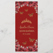 Rode Bloemen Gouden Quinceanera Verjaardagsmenu Programma (Achterkant)