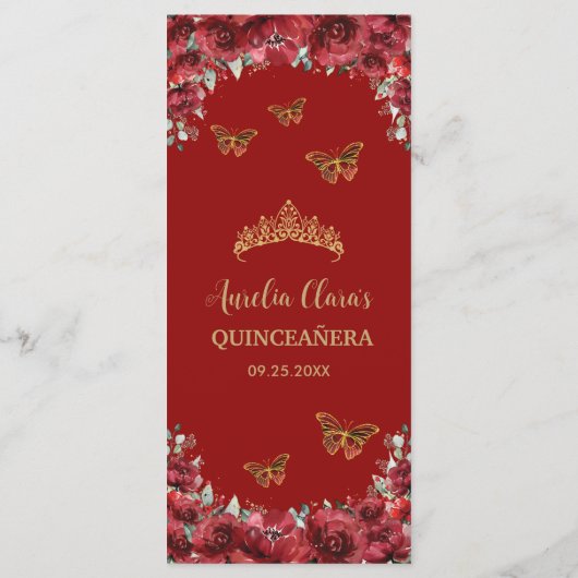 Rode Bloemen Gouden Quinceanera Verjaardagsmenu Programma (Achterkant)