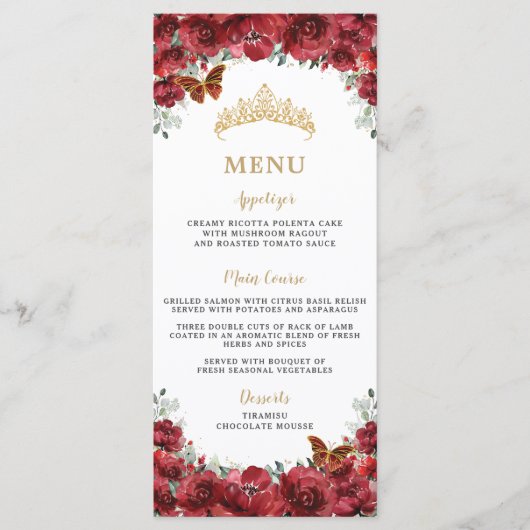 Rode Bloemen Gouden Quinceanera Verjaardagsmenu Programma (Voorkant)