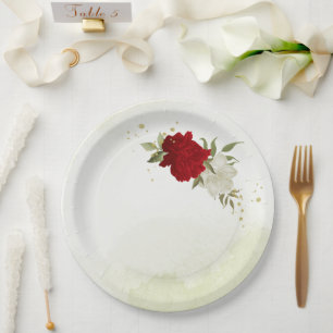Rode bloemen groene bladeren bruiloft papieren bordje