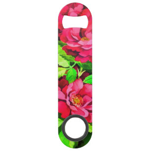 Rode bloemen Groene bladeren Schilderen Speed Flessenopener