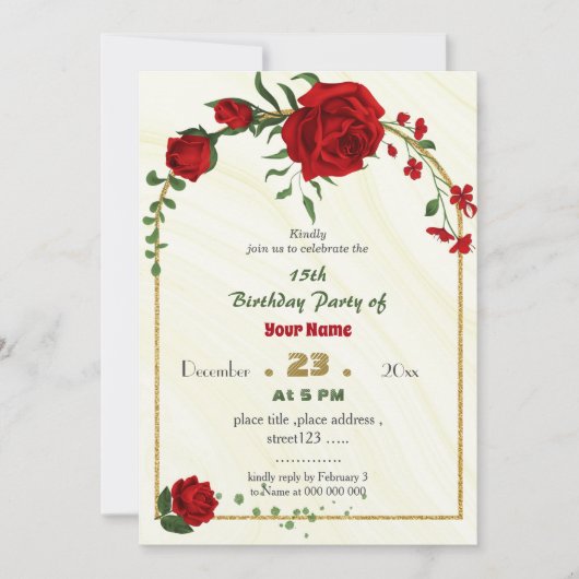 Rode bloemen Groene bladeren Verjaardag uitnodigin Kaart (Voorkant)