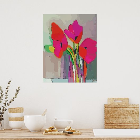 Rode bloemen in de pot poster (Keuken)
