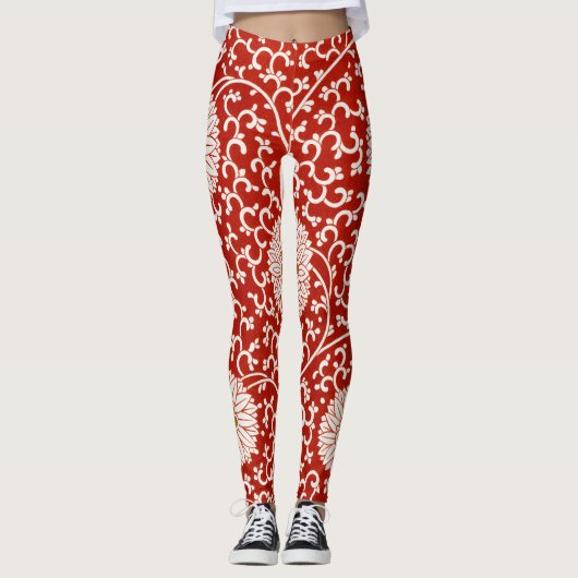 Rode Bloemen Levendig  Klassiek Patroon Leggings (Voorkant)