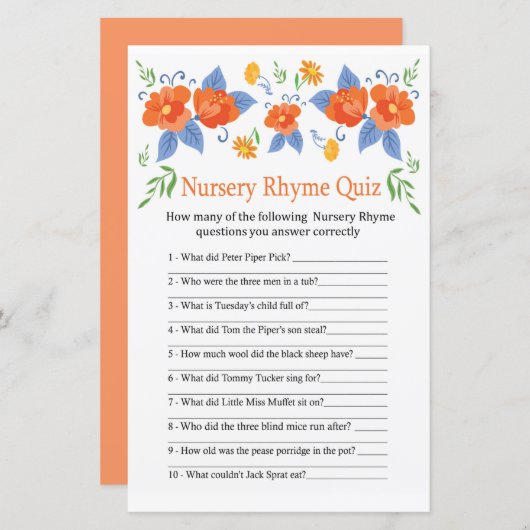 Rode bloemen Nursery Rhyme Quiz baby shower game (Voorkant / Achterkant)