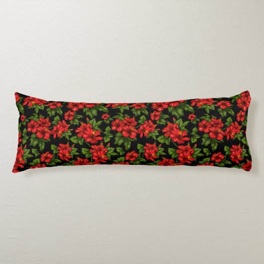 Rode bloemen op de zwarte achtergrond lichaamskussen (Voorkant)