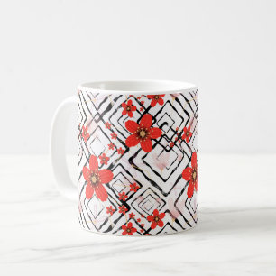 Rode bloemen op een witte, zwarte achtergrond. koffiemok