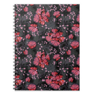 Rode bloemen op een zwart-grijze achtergrond. notitieboek