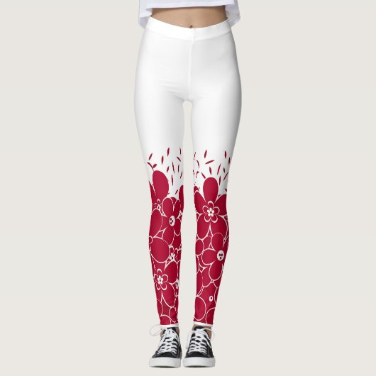 Rode bloemen op witte achtergrond leggings (Voorkant)