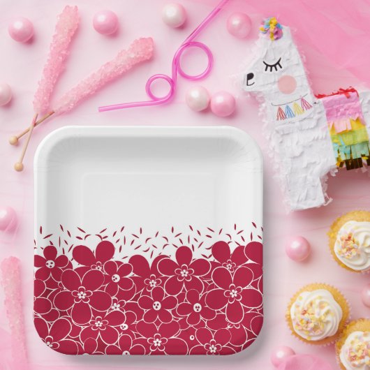 Rode bloemen op witte achtergrond papieren bordje (Feest)