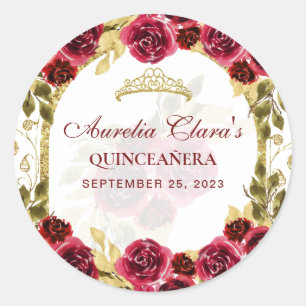 Rode Bloemen Prinses Gouden Boog Quinceanera Ronde Sticker