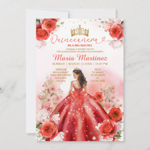 Rode Bloemen Prinses Jurk Gouden Kroon Quinceañera Kaart