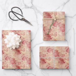  rode bloemen rozen en faux gouden damast inpakpapier vel