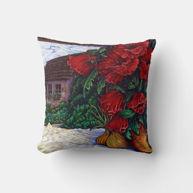 Rode Bloemen Schilderen 16 "x 16" Sierkussen (Voorkant)