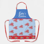 Rode Bloemen Shabby Chic Blue Gingham Aanpasbaar Schort (Voorkant)