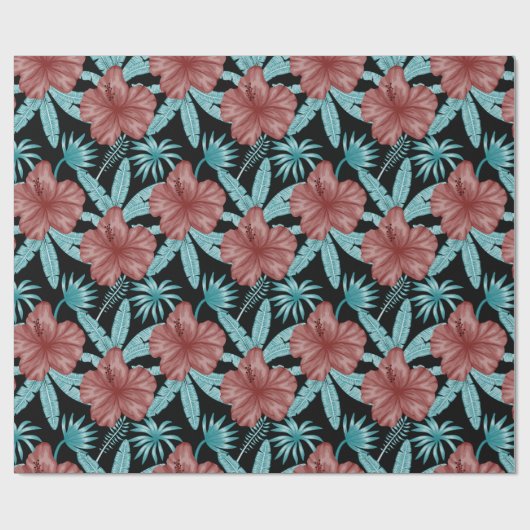 Rode bloemen tropisch naadloos patroon &blauwe bla cadeaupapier (Vlak)