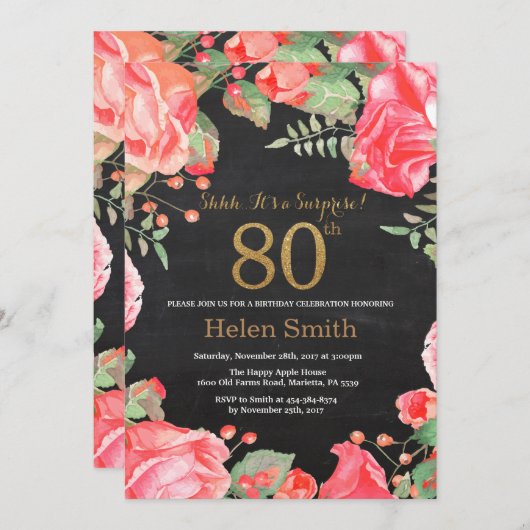 Rode Bloemen Verrassing 80e Verjaardag Gouden Glit Kaart (Voorkant / Achterkant)