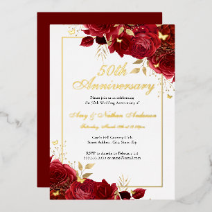 Rode Bloemen Vlinder 50ste bruiloft Jubileum Folie Uitnodiging