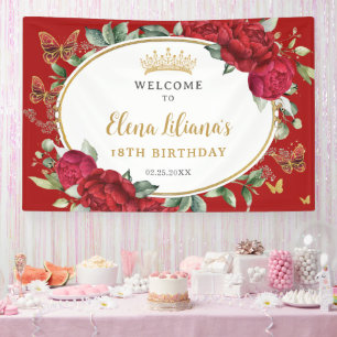 Rode Bloemen Vlinders 18e Verjaardag Sweet 16 Spandoek