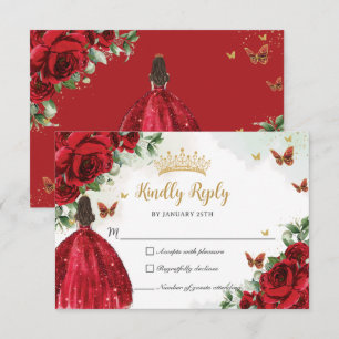 Rode Bloemen Vlinders Prinses Jurk Quinceañera RSVP Kaartje