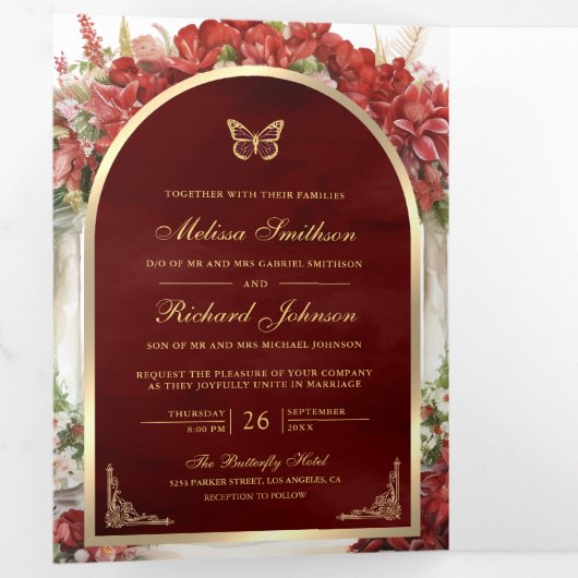 Rode Bloemen Vlindertuin Alles in één bruiloft Drieluik Uitnodiging (Binnenzijde eerst)