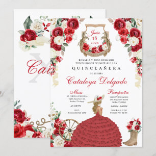 Rode Bloemen Western Mariachi Charro Quinceañera Kaart