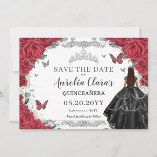 Rode Bloemen Zwarte Gown Quinceanera Sweet Sixteen Save The Date