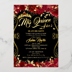 Rode bloementuinrol Mis Quince Quinceanera Folie Uitnodiging