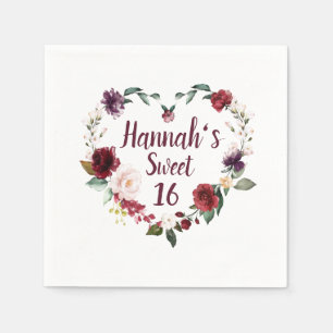 Rode bloemhart Sweet 16-feest Servet
