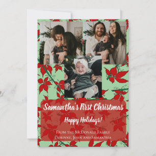 Rode bloemige baby's 1e kerst 3 foto naam groen kaart
