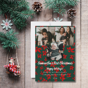 Rode bloemige baby's 1e kerst 3 foto naam groen kaart