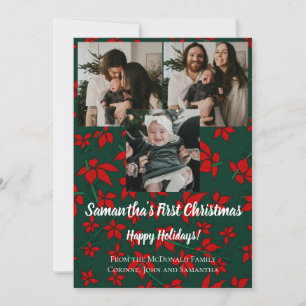Rode bloemige baby's 1e kerst 3 foto naam groen kaart