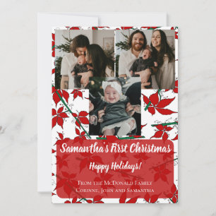 Rode bloemige baby's eerste kerst 3 foto naam kaart