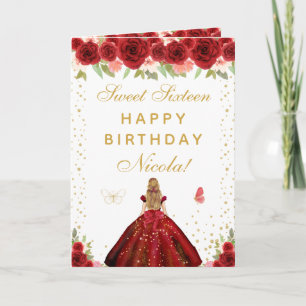Rode Bloemige Blond Haar Meisje Sweet Sixteen Kaart