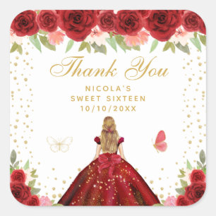 Rode Bloemige Blonde Haar Prinses Sweet Sixteen Vierkante Sticker