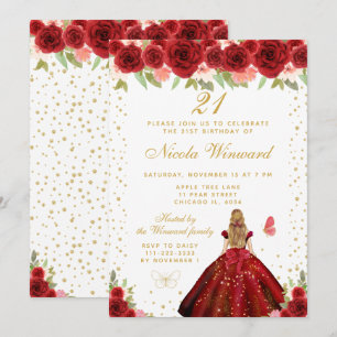 Rode Bloemige Blonde Haar Prinses Verjaardagsfeest Kaart