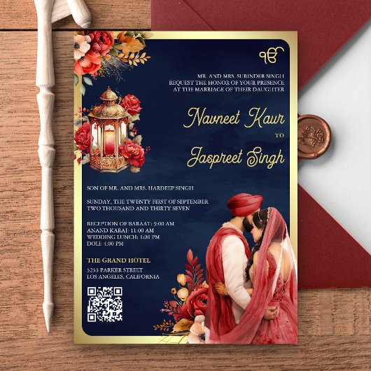 Rode Bloemige Marine QR Code Anand Karaj Sikh Huwe Kaart