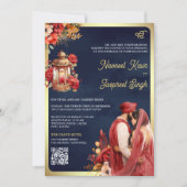 Rode Bloemige Marine QR Code Anand Karaj Sikh Huwe Kaart (Voorkant)