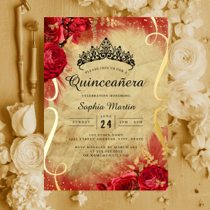 Rode Bloemige Quinceanera-Rol Folie Uitnodiging