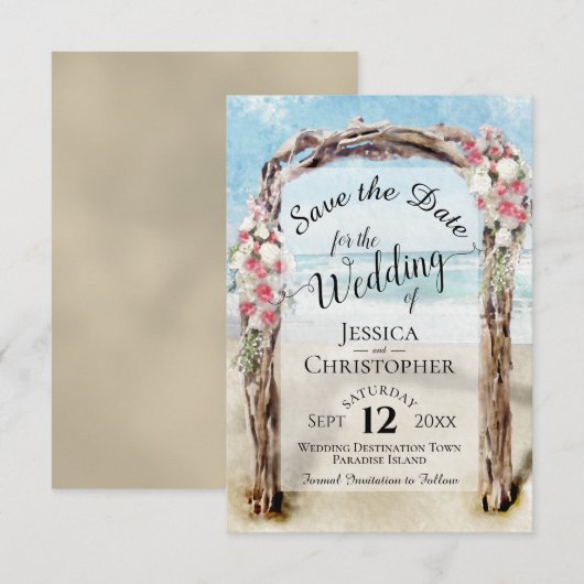 Rode Bloemige Rustieke Drijfhout Strand Pergola Tr Save The Date (Voorkant / Achterkant)