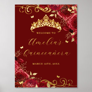 Rode Bloemige Wervel Folie Quinceanera Welkomstbor Afdrukken