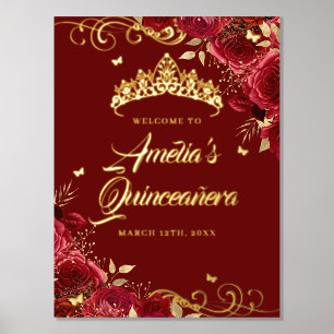 Rode Bloemige Wervel Quinceanera Welkomstbord Goud Folie Afdrukken